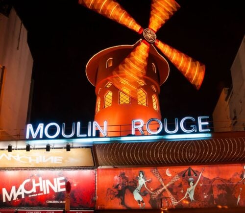 An external shot of the Moulin Rouge in Paris, France, which no longer uses live animals in its acts